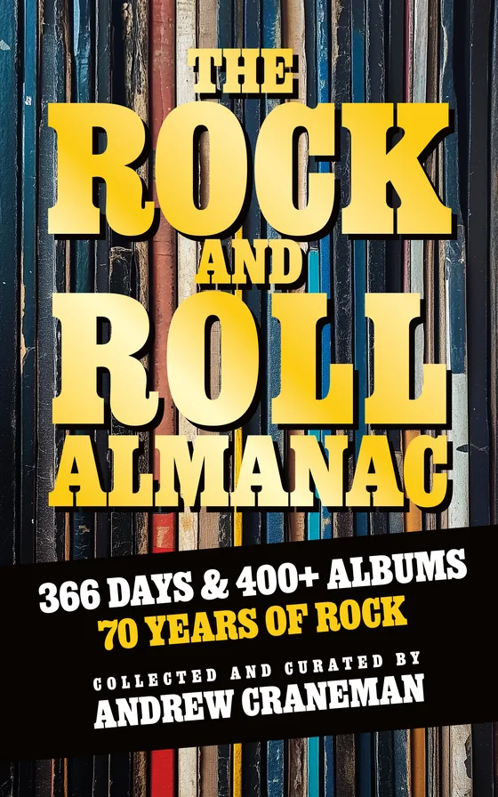 The Rock and Roll Almanac -kirjan kansi: keltainen otsikko levyjen selkämysten päällä